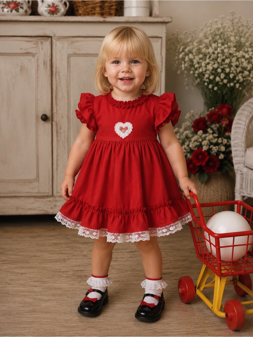 Vintage 80s Martha's
Miniatures Toddler Red Ruffle Lace Full Circle Dress